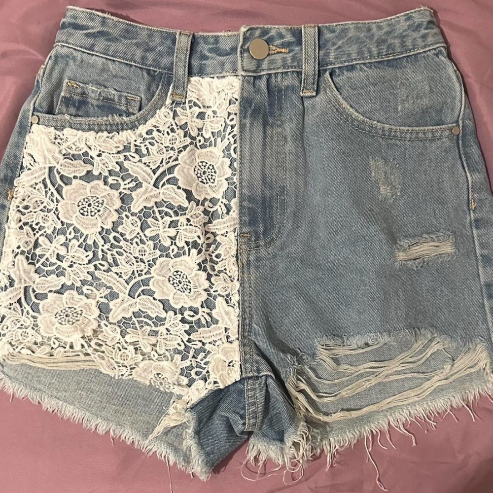 Cider Blue Denim Shorts with White Lace Detail